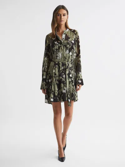 Reiss Dark Khaki Printed Belted Mini Dress In Brown