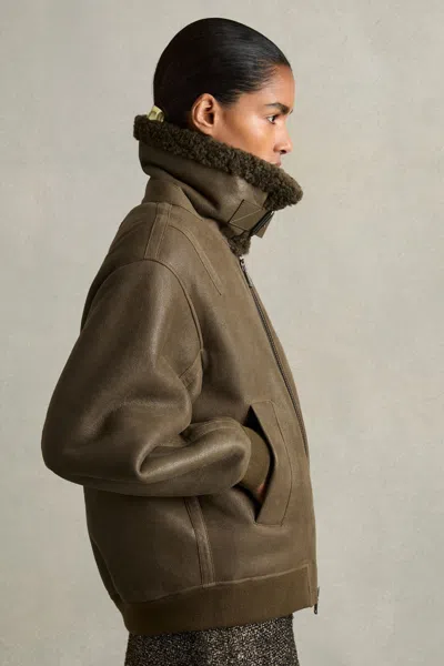 Reiss Dark Khaki Shearling Aviator Jacket
