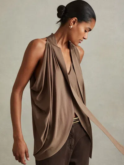 Reiss Dark Mink Draped Tie Neck Top In Brown