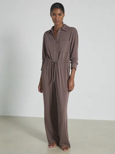 Reiss Dark Mink Thermal Jersey Drawstring Jumpsuit In Brown