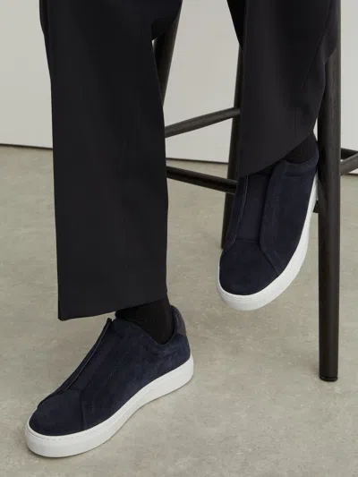 Reiss Dark Navy Suede Slip-on Elasticated Trainers In Blue