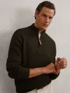 Reiss Dark Olive Green Cable-knit Half-zip Jumper With Wool In Animal Print