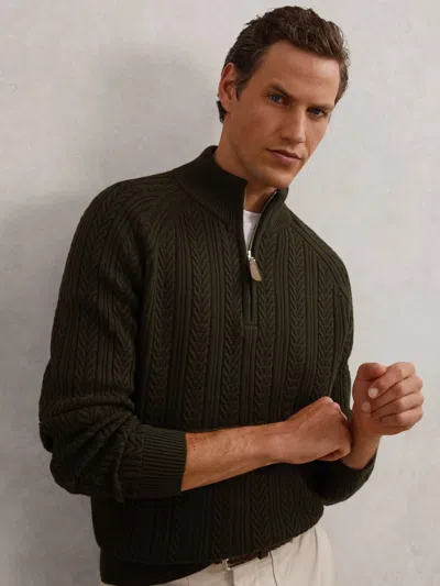 Reiss Dark Olive Green Cable-knit Half-zip Jumper With Wool In Animal Print