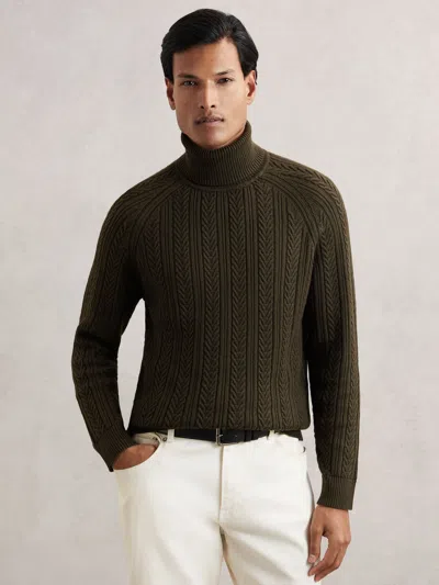 Reiss Dark Olive Green Cable-knit Roll-neck Jumper With Wool
