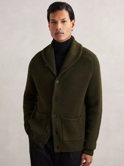 REISS REISS DARK OLIVE GREEN CANNON SHAWL-COLLAR CARDIGAN WITH WOOL