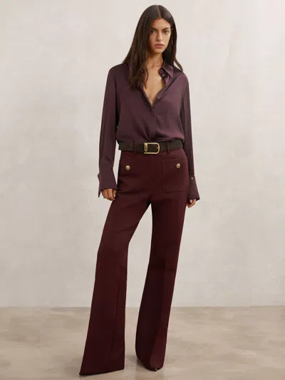 Reiss Dark Red Button-pocket Flared Trousers In Burgundy