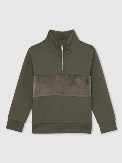 Reiss Dark Sage Green Interlock Velour Panel Zip Sweatshirt