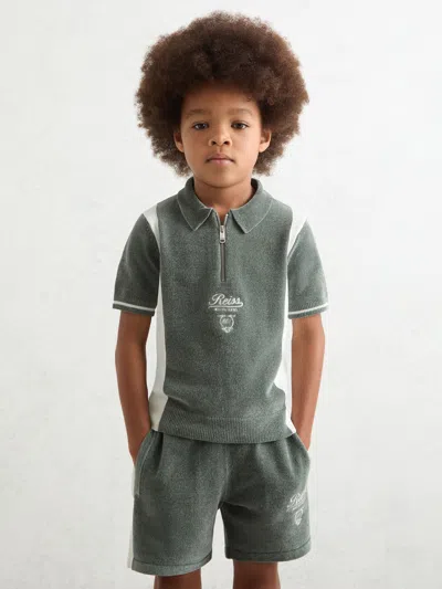 Reiss Dark Sage Green/white 3-9 Yrs Chenille Tipped Motor Cars Polo Shirt In Multi