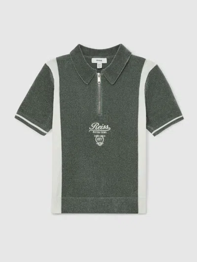Reiss Dark Sage Green/white Chenille Tipped Motor Cars Polo Shirt In Multi