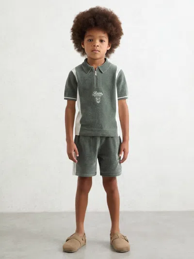 Reiss Dark Sage Green/white Chenille Tipped Motor Cars Shorts