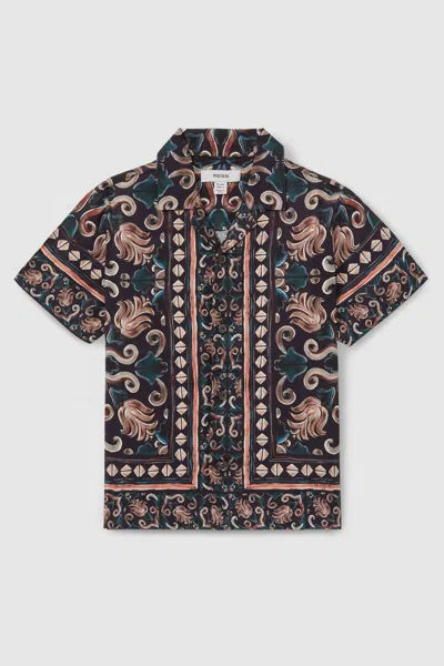 Reiss Dark Teal Finn Ornamental Print Cuban Collar Shirt