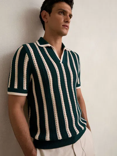 REISS DARK TEAL GREEN/ECRU COTTON BLEND STRIPE KNIT POLO SHIRT