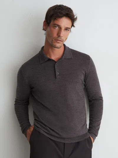 Reiss Dark Wicker Brown Merino Wool Long-sleeve Polo Shirt In Gray