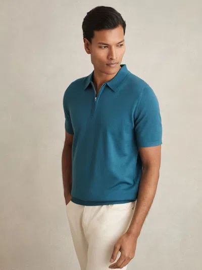 REISS REISS DEEP TEAL BLUE MAXWELL MERINO WOOL HALF-ZIP POLO SHIRT