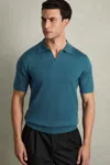 Reiss Deep Teal Blue Merino Wool Open-collar Polo Shirt