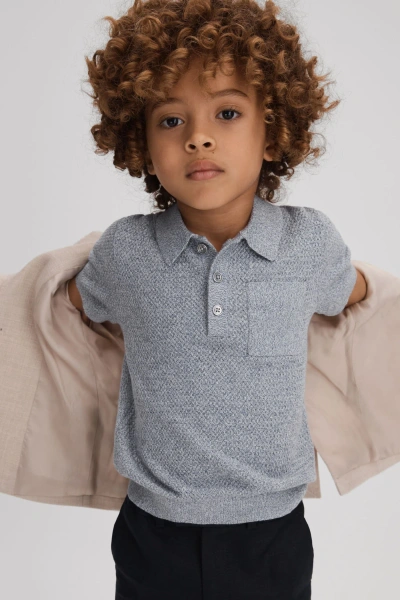 Reiss Kids' Demetri - Blue Melange Textured Cotton Polo Shirt, Uk 10-11 Yrs
