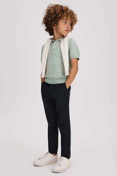 Reiss Kids' Demetri - Sage Melange Textured Cotton Polo Shirt, Uk 7-8 Yrs