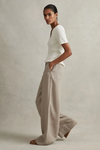 Reiss Light Khaki Demi Linen Wide Leg Garment Dyed Trousers In Light Khaki
