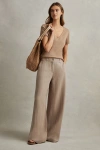 Reiss Demi - Mink Neutral Linen Wide Leg Garment Dyed Trousers, Uk 12 R