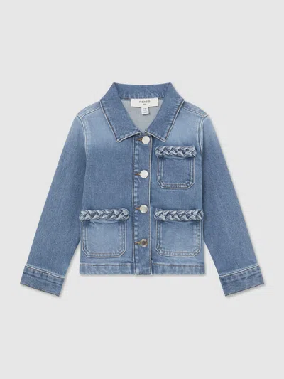 Reiss Kids'  Denim Blue Ariel 13-14 Yrs Plaited-trim Denim Jacket