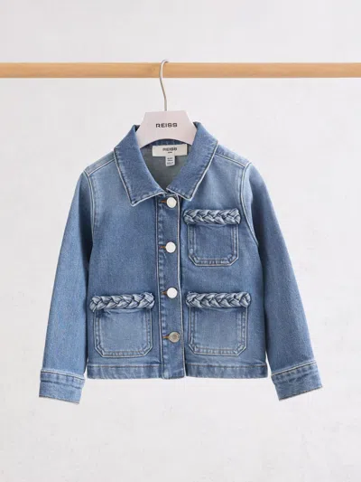 Reiss Kids'  Denim Blue Ariel 9-13 Yrs Plaited-trim Denim Jacket