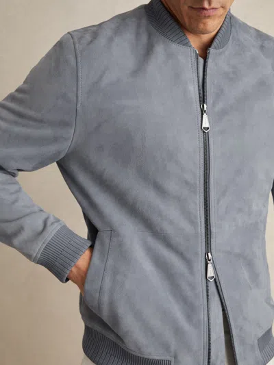 Reiss Denim Blue Suede Zip-through Bomber Jacket In Gray