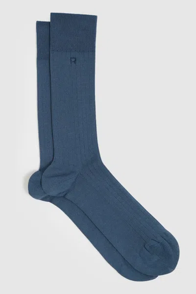 Reiss Denim Blue Cotton-blend Logo-embroidered Socks