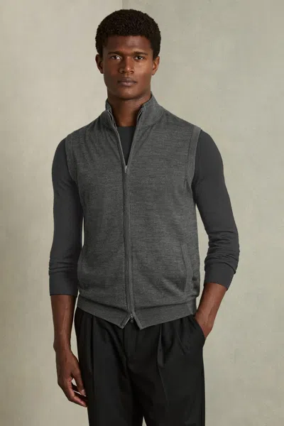 Reiss Derby Grey Melange Merino Wool Zip-through Gilet In Derby Grey Melange