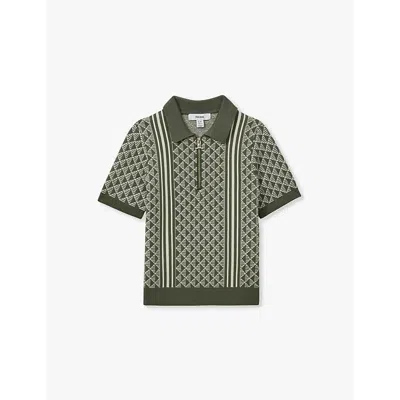 Reiss Kids' Diamond-stitch Half-zip Knitted Polo Shirt 3-13 Y In Sage/off White