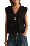 Reiss Black Cotton Shoulder-pad V-neck Top In Black