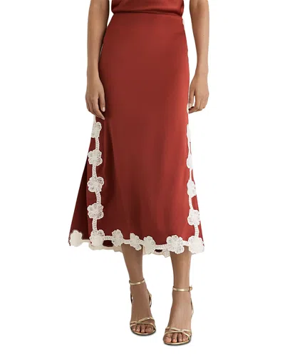 Reiss Doa Floral Lace Trim Satin Skirt In Brown