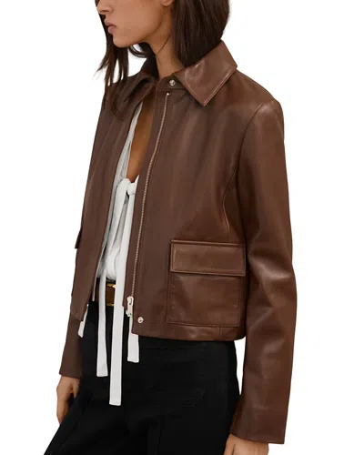 Reiss Drew Clean Leather Jacket In Brown