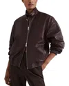 Reiss Berry Atelier Leather Latched Collar Bomber Jacket In Berry