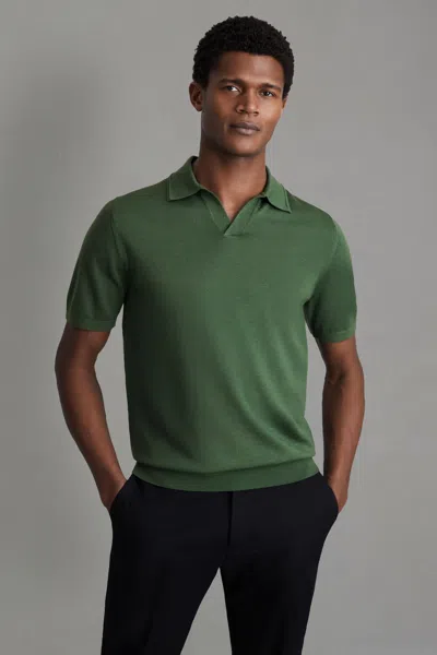 REISS LIZARD GREEN DUCHIE MERINO WOOL OPEN COLLAR POLO SHIRT