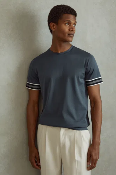 Reiss Dune - Steel Blue Mercerised Cotton Striped T-shirt, S