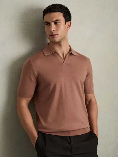 REISS REISS DUSTY BLUSH PINK DUCHIE MERINO WOOL OPEN COLLAR POLO SHIRT