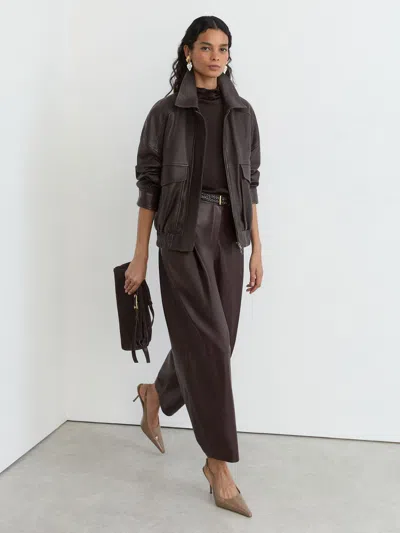 Reiss Ebony Brown Maeve Grained-leather Twin-pocket Relaxed Jacket