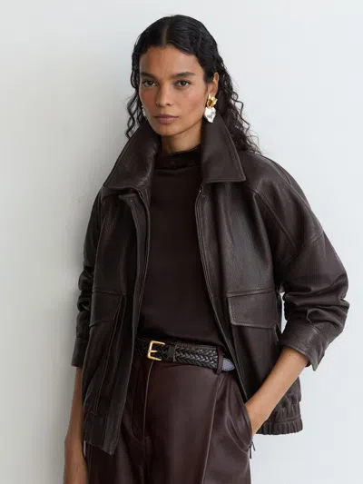 Reiss Ebony Brown Petite Leather Twin-pocket Relaxed Jacket