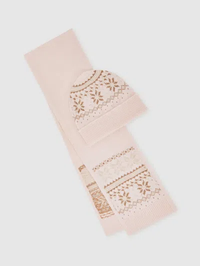 Reiss Ecru Farah Teen Fair Isle Hat And Scarf Set With Wool In Neutral