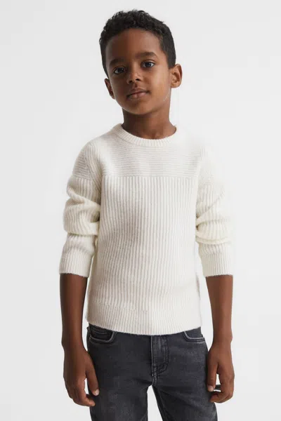 Reiss Ecru Junior Crew Neck Ribbed Wool Blend Jumper In Sand
