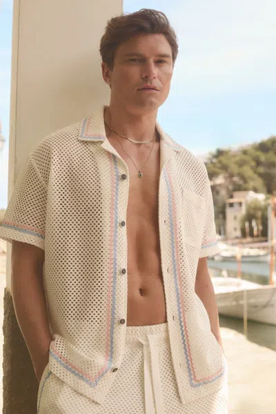 Reiss Ecru Lucas Ché Crochet Contrast Trim Cuban Collar Shirt