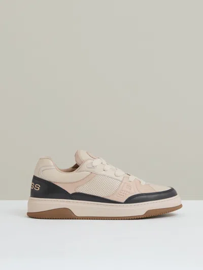 Reiss Ecru/charcoal Panelled Leather Trainers In Multi