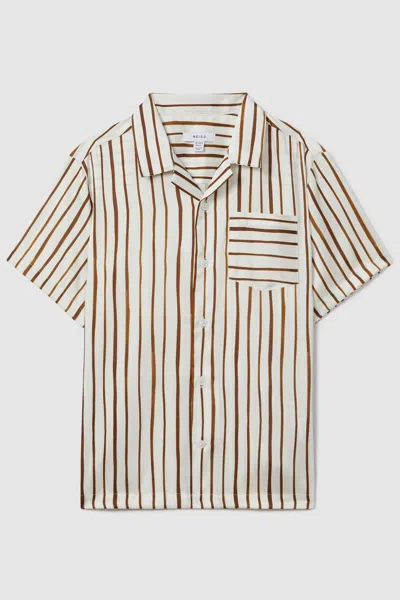 Reiss Ecru/tobacco Rava 3-9 Yrs Striped Cuban Collar Shirt