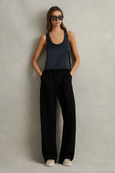 Reiss Black Half-elasticated Wide Leg Trousers In Black