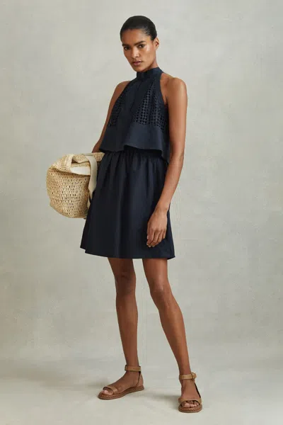 REISS NAVY EDEN BRODERIE HALTER NECK MINI DRESS WITH LINEN
