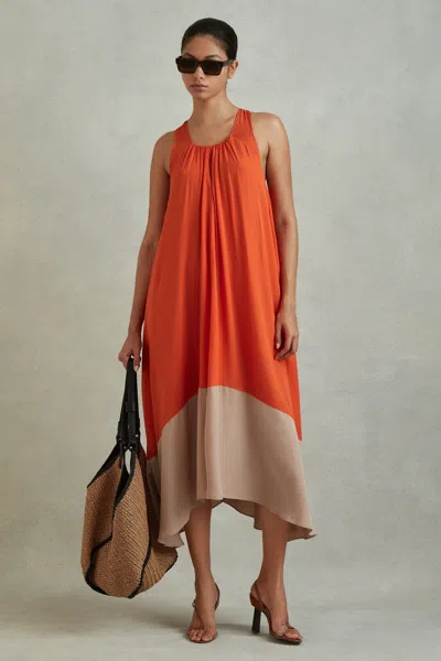 Reiss Orange Ruched Dipped Hem Midi Dress
