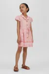 REISS ELIZA - PINK PRINT JUNIOR COTTON LINEN CAPPED SLEEVE BELTED DRESS, UK 7-8 YRS