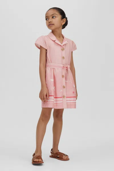 Reiss Kids' Eliza - Pink Print Junior Cotton Linen Capped Sleeve Belted Dress, Uk 7-8 Yrs