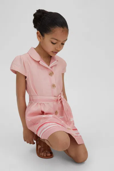 Reiss Eliza - Pink Print Senior Cotton Linen Capped Sleeve Belted Dress, Uk 11-12 Yrs