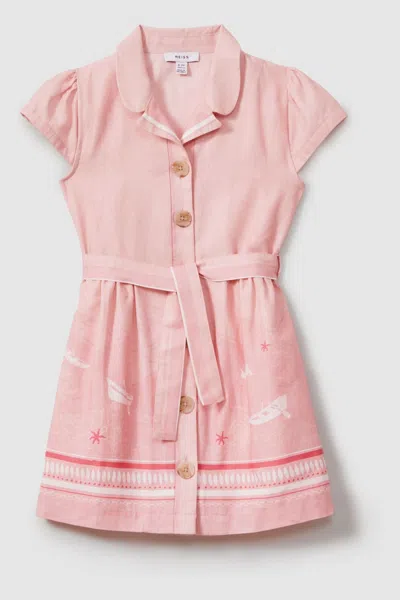 Reiss Eliza - Pink Print Teen Cotton Linen Capped Sleeve Belted Dress, Uk 13-14 Yrs